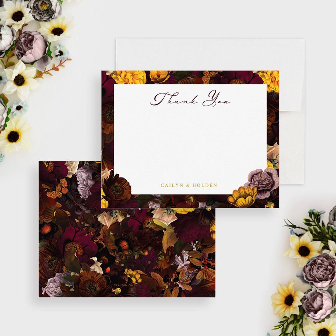 Moody Floral Wedding Thank You Cards Custom Dark Elegant Note Card Set ...