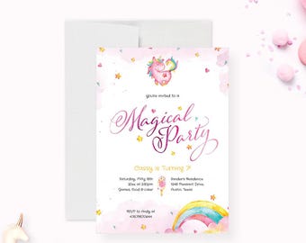 Magical Party Editable Template, Unicorn Birthday Party Invitation for Girls, Rainbow Unicorn Invites Instant Download