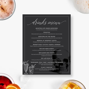 Modèle modifiable de menu boissons anniversaire mort, menu bricolage imprimable en téléchargement numérique, cartes de menu boissons modifiables thème fête mort à 20 ans