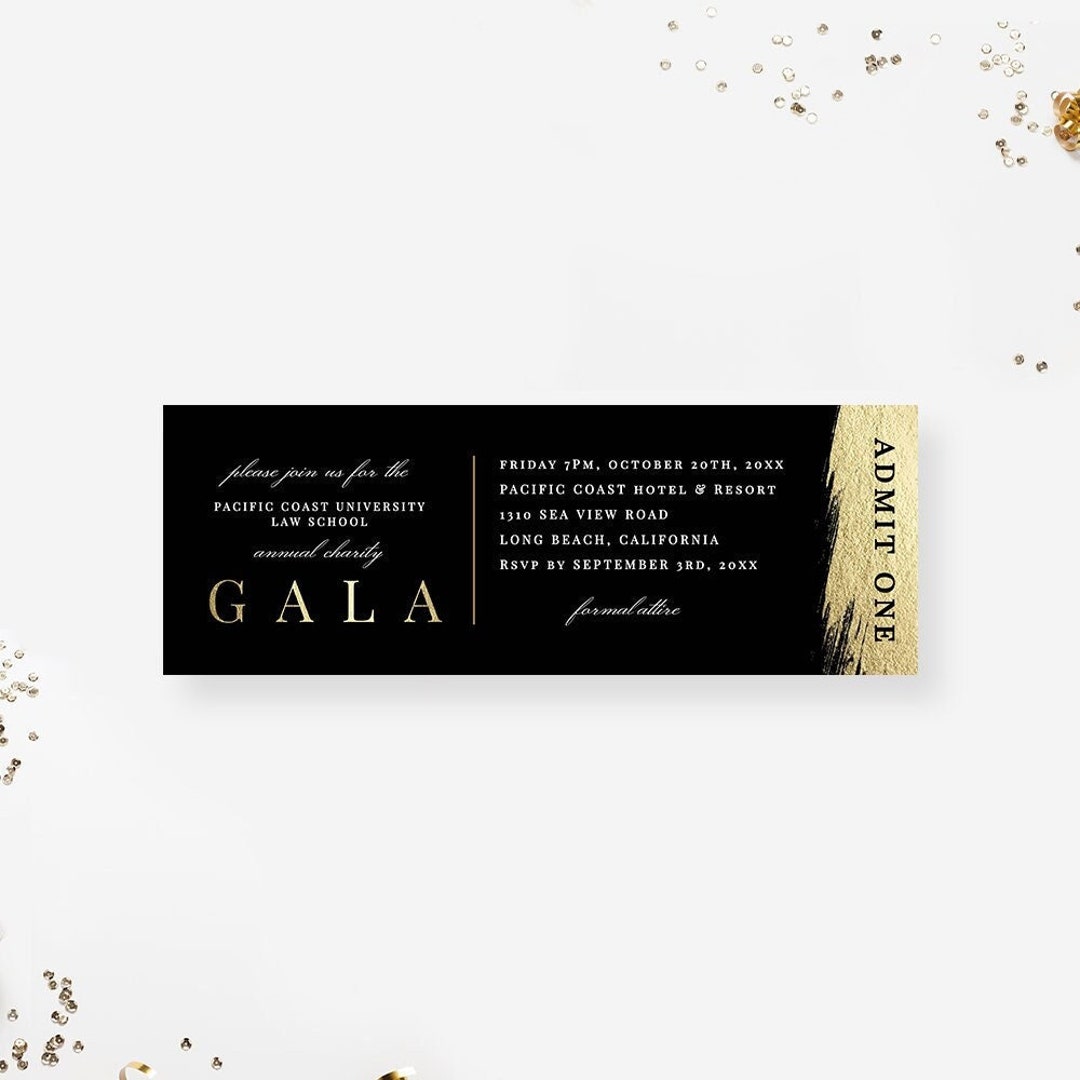 Editable Ticket Template, Black and Gold Gala Ticket Invitation, Admit One Printable Digital