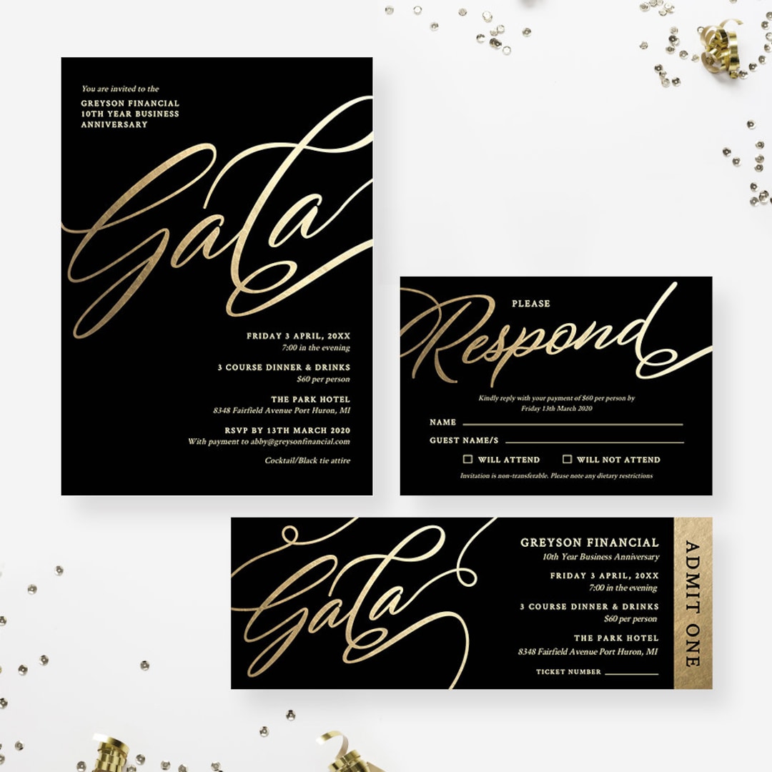 Gala Invitation Editable Template With Matching RSVP and Ticket, Black