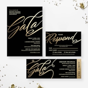 Plantilla editable de invitación de gala con confirmación de asistencia y boleto a juego, invitación a fiesta de trabajo corporativo en negro y oro, descarga digital empresarial