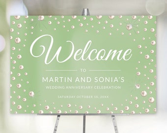 Wedding Anniversary Welcome Sign with Pearls in Sage Green, Pearl Party Sign Template, 30th Pearl Marriage Anniversary Poster Sign