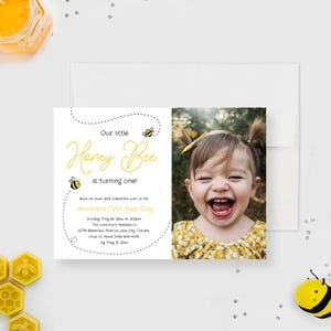 Bee Birthday Invitation Template with Photo, Bumble Bee Birthday Party Invites, Honey Bee 1st Birthday Instant Digital Download