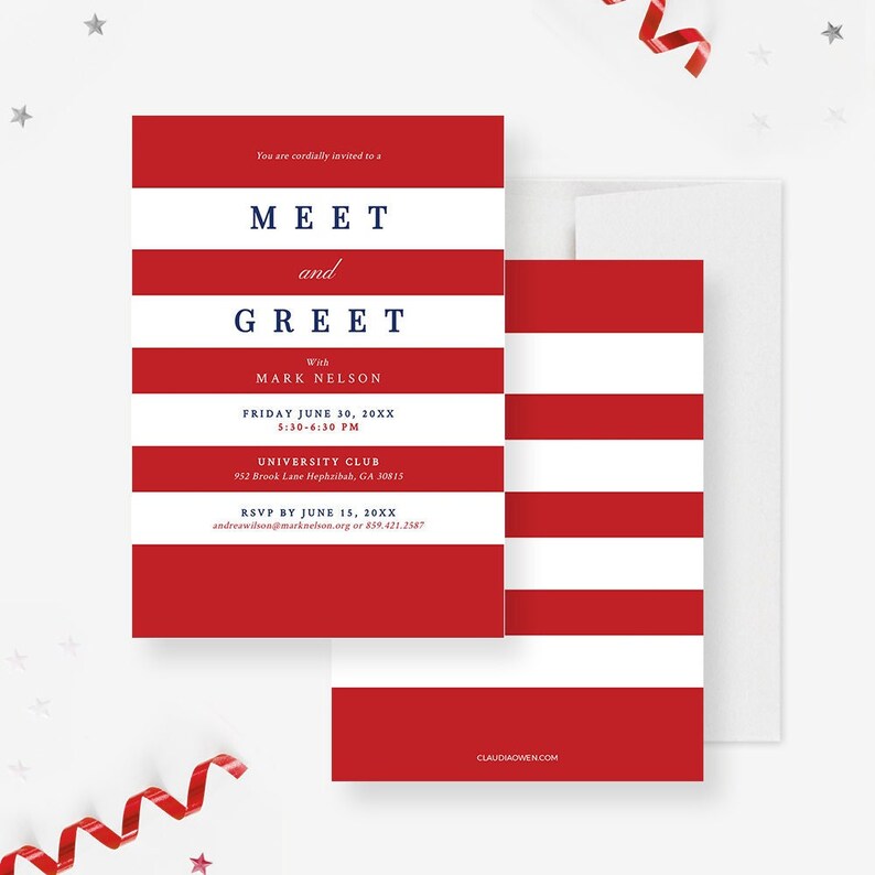 May include: Red and white striped invitation card with the text "Meet and Greet with Mark Nelson" and details for a party on Friday, June 30th, 20XX at the University Club.