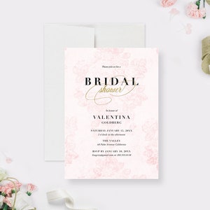 Wedding Bridal Shower Invitation Template with Vintage Rose Illustrations, Baby Shower Printable Digital Download in Blush Pink