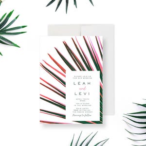 Tropical Wedding Invitation with Palm Leaves, Hawaiian Save the Date Cards, Destination Wedding Cards