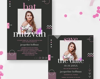 Modern Bar Bat Mitzvah with Photo Invitation Suite, Jewish Photo Save the Dates, Religious Celebration Invitation Suite, 17th 18th Birthday