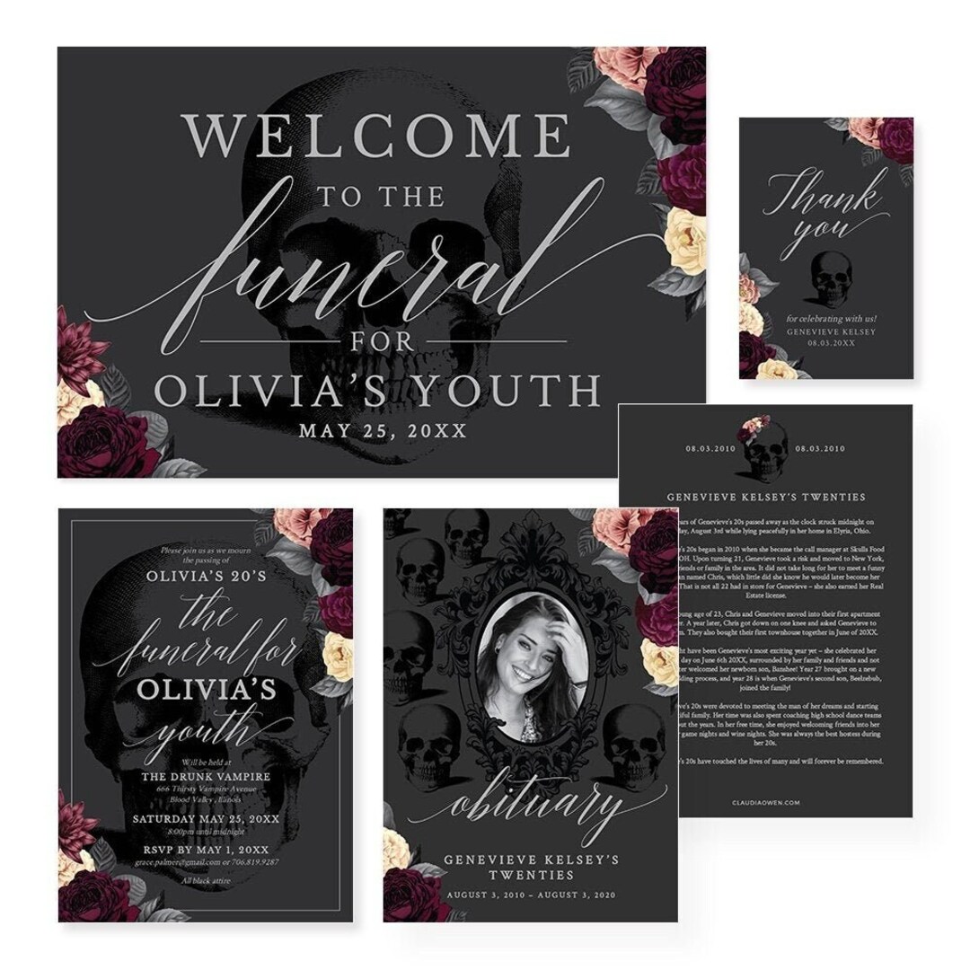 Funeral for My Youth Party Invitation Matching Set Editable Template