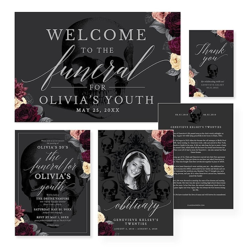 Funeral for my Youth Party Invitation Matching Set Editable Template, Funeral Birthday RIP 20s 30s, Obituary Welcome Sign Gift Tag Bundle image 1