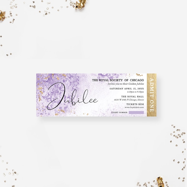 Jubilee Editable Ticket Template, Ticket Invitation, Admit One Printable Digital Download, Admission Event Tickets in Purple and Gold