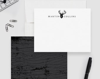 Mens Note Card Deer Head Personalized Stationery For Him, Custom Thank You Card Set, Masculine Stationary Deer Antlers Unique Gift for Men