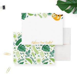 Kids Sloth Personalized Stationary, Sloth Note Cards for Children, Sloth Birthday Baby Shower Thank You Cards, Sloth Lover Gift Tropical