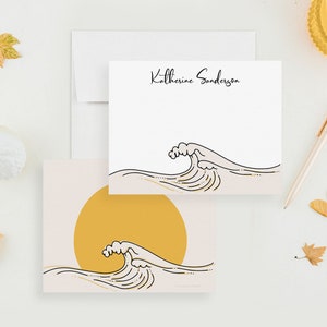 Ocean Stationery Set, Boho Beach Thank You Cards, Sea Wave Sunset Line Art, Ocean Lover Gift, Gifts for Surfers, Travel Lover Note Cards