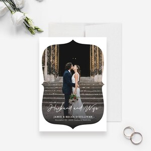 Cartão de anúncio de casamento romântico para marido e mulher, modelo editável para casamento, download digital para impressão de recém-casados
