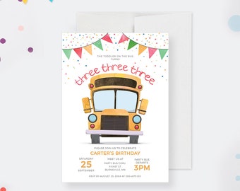 3rd Birthday Party Invitation Template, School Bus Printable Digital Download, Wheels on the Bus Invitation Turning 3