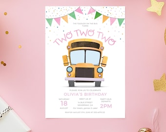 2nd Birthday School Bus Party Invitation Editable Template in Pink, Printable Digital Download, Wheels on the Bus Invitation Turning 2 Two