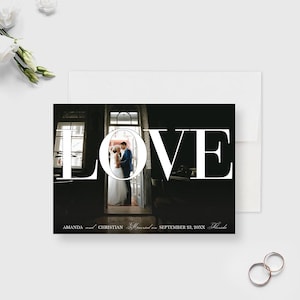 Plantilla de tarjeta de agradecimiento de boda, invitación de boda con foto, tarjeta romántica de boda imprimible