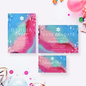 Modern Bat Mitzvah Invitation, Colorful Kids and Teens Birthday Invites, Mitzvah Save the Date, Mitzvah Thank You Cards, Jewish Star