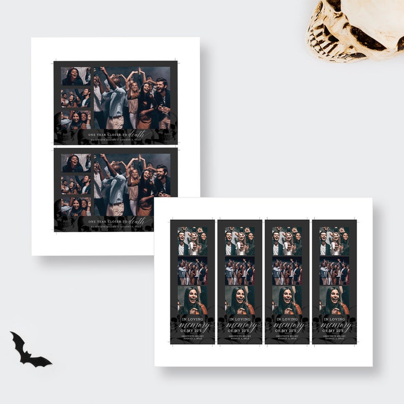 May include: A black and white photo booth strip with four images of a group of people posing in front of a black backdrop. The text "In loving memory of my 20s" is printed on each strip.