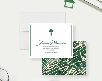 Faire-part de déménagement avec clé de maison et motif de feuilles de déménagement, Nouvelles cartes de visite avec enveloppes en vert tropical, Nous avons acheté une maison