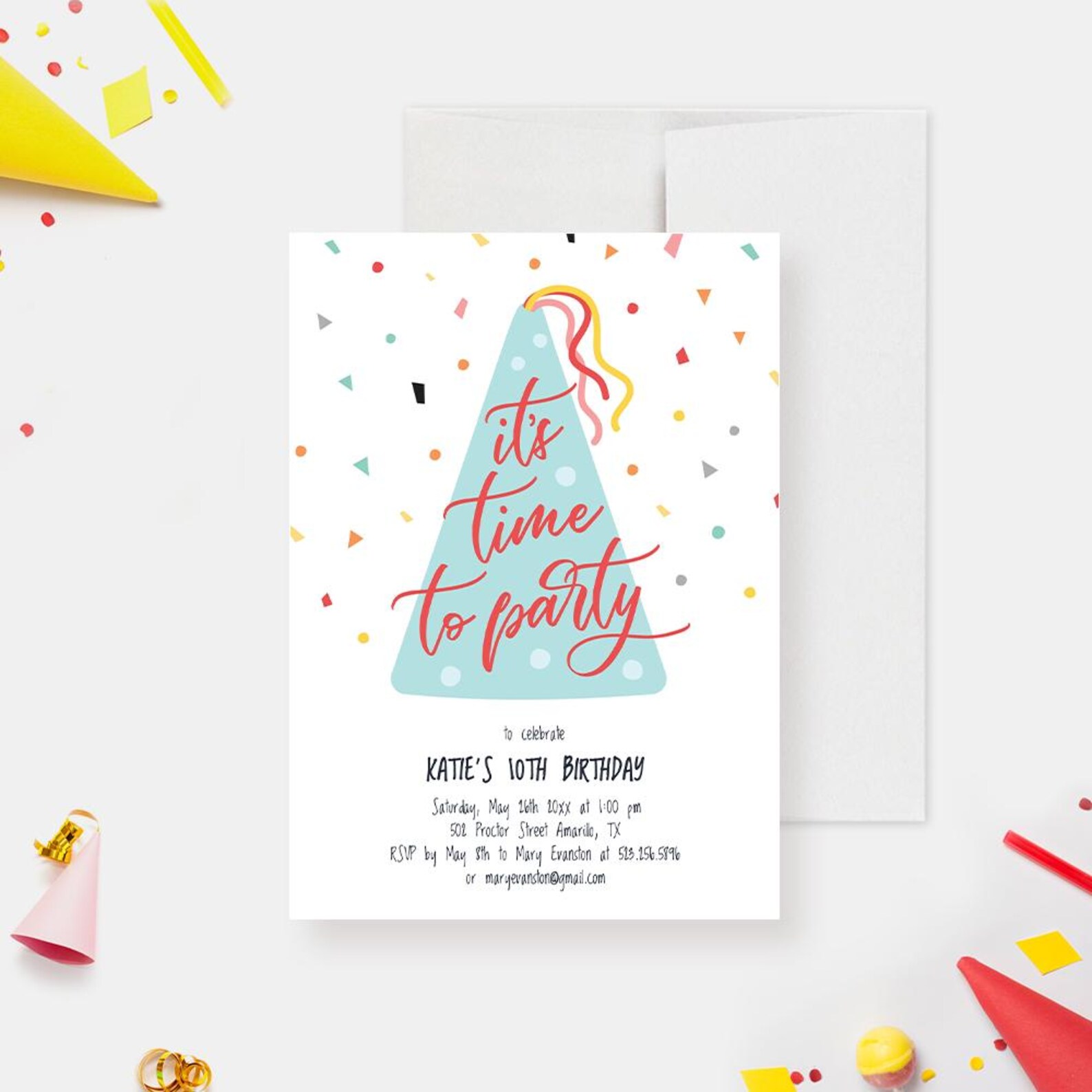 Party Hat Birthday Party Invitation Template With Confetti, Colorful ...