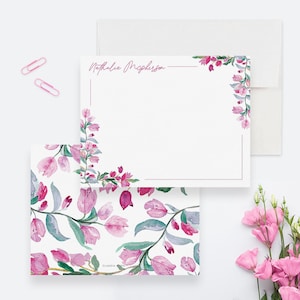 Ensemble de cartes de correspondance personnalisées bougainvilliers pour femme, carte fleur plante, papeterie unique florale, cadeau féminin fleurs roses pour fille