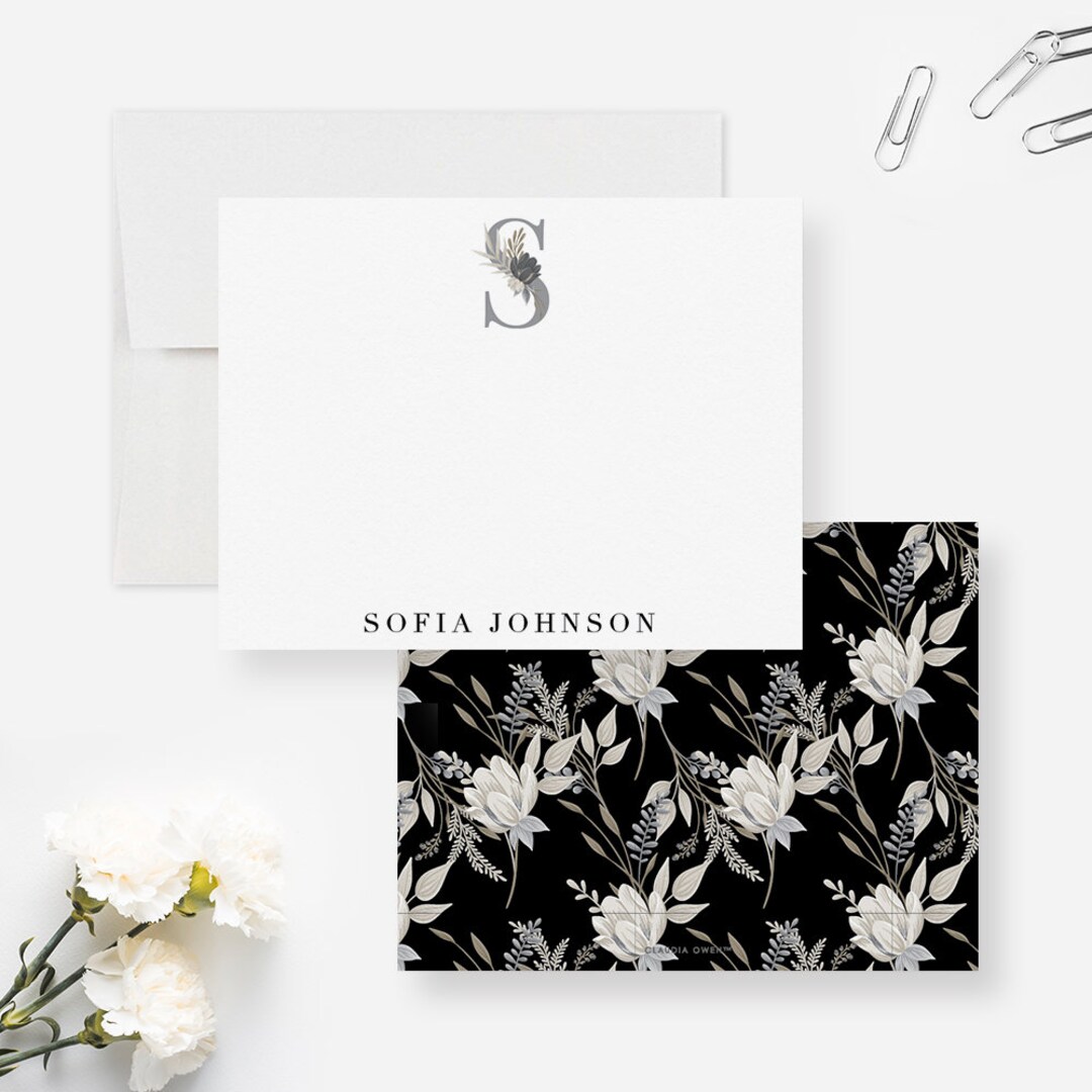Personalized Floral Monogram Note Cards, Floral Initial Stationary Set ...
