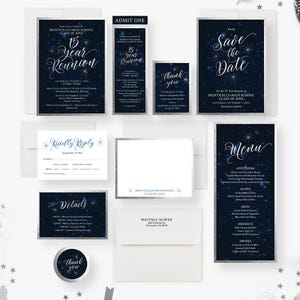May include: A set of printable invitations for a 15-year high school reunion. The invitations feature a dark blue background with silver stars and a silver border. The text is in white and includes the date, time, and location of the event. The invitations also include a RSVP card, a menu card, and a thank you card.