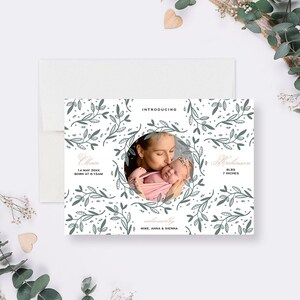 Faire-part de bébé verdure avec photo en téléchargement numérique, cartes de naissance imprimables, modèle de cartes de faire-part de naissance