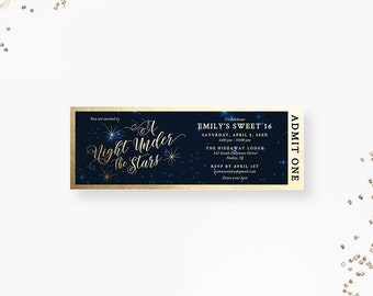 A Night Under the Stars Ticket Digital Download, Elegant Sweet 16 Ticket Invitation, Celestial Quinceanera Printable Admit One Ticket