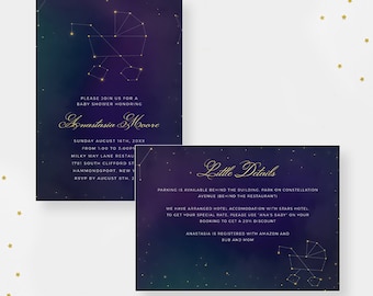Invitación de baby shower con temática celestial, descarga digital, invitaciones personalizadas para baby shower de galaxia, constelación de cochecito de cielo nocturno estrellado