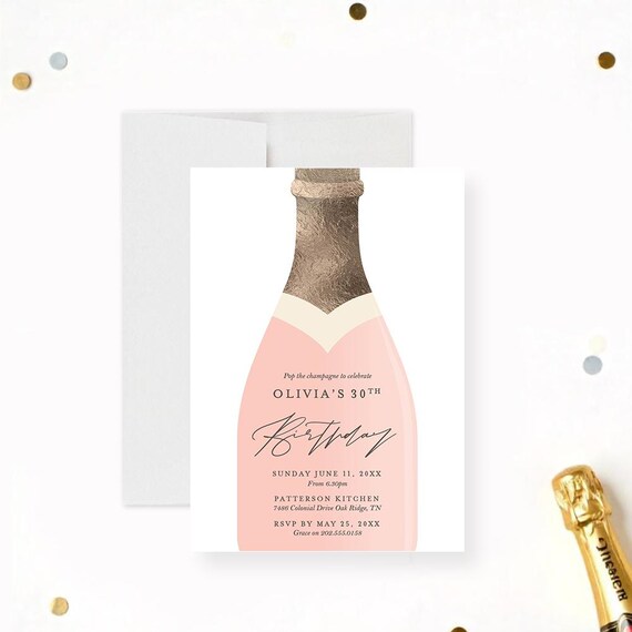 Pink Champagne Party Invitation 21st 30th 40th Birthday Party Brunch and Bubbly, Champagne Bridal Shower Invitation