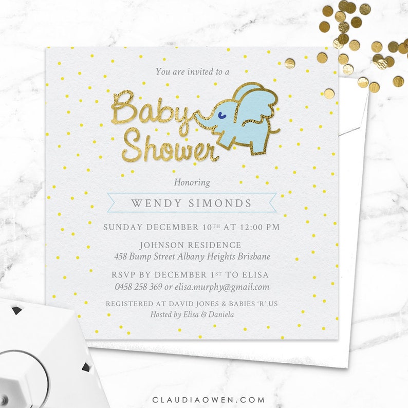 Baby Shower Invitation Blue Elephant Baby Boy Shower Invites Etsy