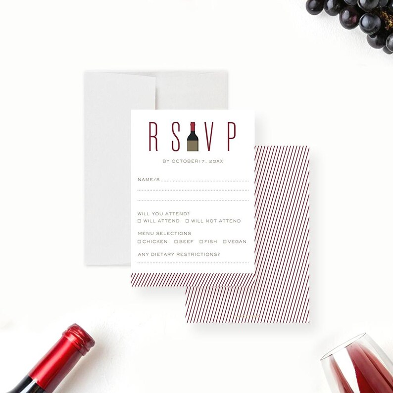 a white invitation card with a wine bottle and a glass of wine on a white background.