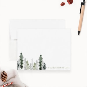 Personalized Watercolor Pine Forest Note Card, Forest Thank You Cards with Envelopes, Custom Pine Tree Thank You Note, Holiday Stationary