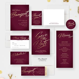 Banquet Invitation Card for Charity Ball Event, Elegant Dinner Invites for Annual Business Gala in Burgundy and Gold