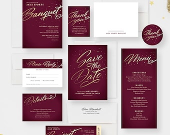 Banquet Invitation Card for Charity Ball Event, Elegant Dinner Invites for Annual Business Gala in Burgundy and Gold