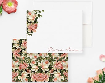 Rose Note Card, Custom Flower Note Cards, Vintage Flower Stationery Set for Women, Pink Rose Thank you cards