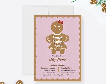 Gingerbread Cookie Baby Shower Party Invitation Template Christmas Themed Baby Shower Printable Digital Download December Sweet Baby Girl