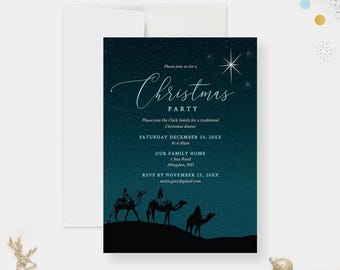 May include: A dark teal Christmas party invitation card featuring a starry night sky, a bright star, and a silhouette of three figures riding camels across dunes. The text reads: Please join us for a Christmas PARTY, Saturday December 24, 20XX.