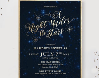 Sweet 16 Teen Birthday Printable Party Invitation Under the Stars, Sweet Sixteen Starry Night Sky, Quinceanera Party Invitation