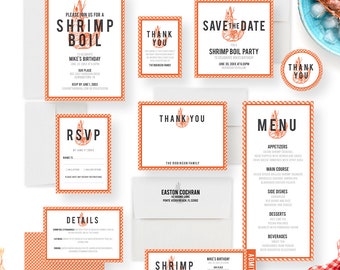Shrimp Boil Party Invitation Bundle, 30th 40th 50th Birthday Lunch, Seafood Boil Invitation, Dinner Party Menu Cards, Shrimp Thank You Cards