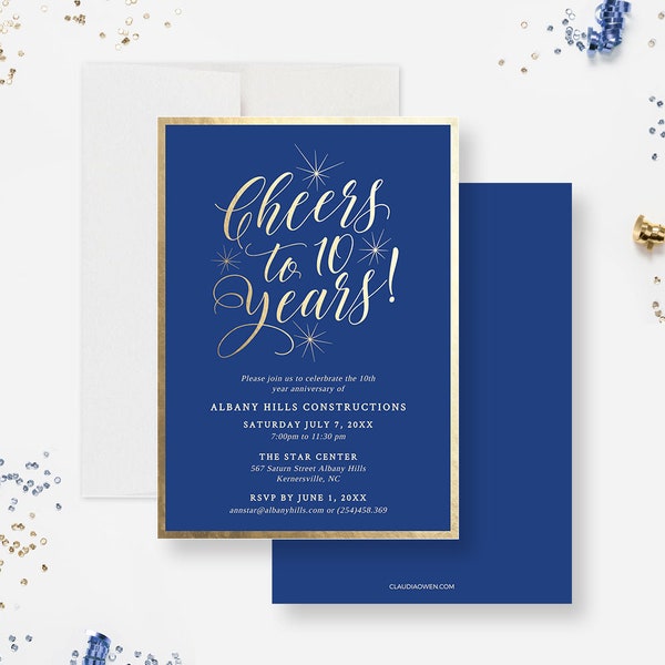 Cheers to 10 Years Invitation Template in Blue and Gold, 10 Year Business Anniversary Invitation Digital Download, Work Anniversary Invite