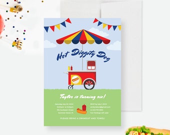 Hot Dog Birthday Cart Party Invitation Editable Template, Hot Diggity Dog Printable Digital Download, Food Cart Hot Dog Stand, Summer Party