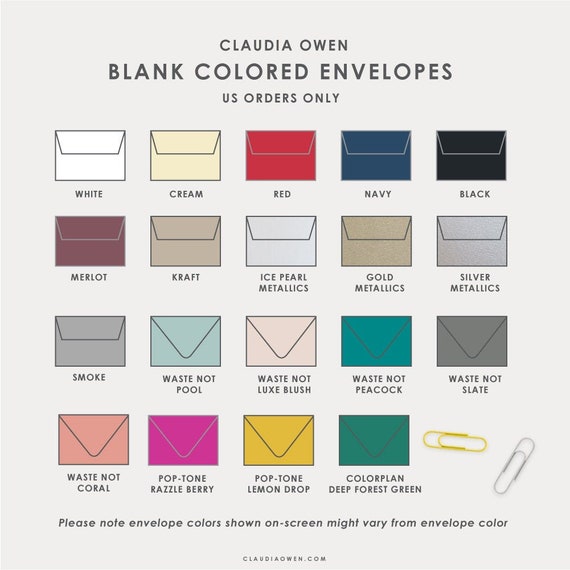 Colored Envelopes for A7 and A2 Cards, Cream Red Navy Black Merlot Kraft Ice Pearl Gold Silver Smoke Blush Peacock Slate Coral Envelopes