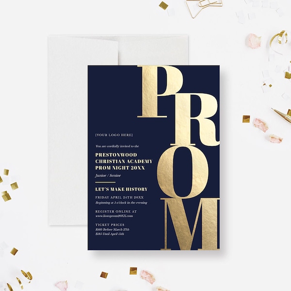 Elegant Prom Invitation Template in Navy Blue and Gold, Prom Night Invitation, High School Junior Senior Prom Party Invites