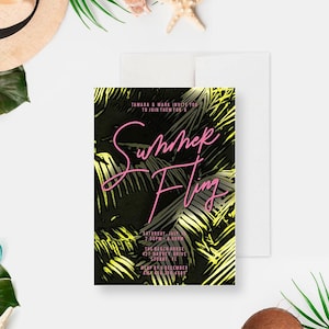 Carte d'invitation Summer Fling avec feuilles de palmier, invitations tropicales pour un week-end entre célibataires, cartes Save the Date d'été
