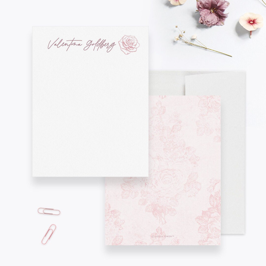 Pink Rose Personalized Note Card, Floral Stationery, Vintage Rose ...