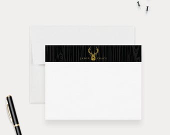 Deer Hunter Personalized Stationery For Men, Gift for Hunter Antlers Note Card Custom Thank You Card Set, Deer Head Hunter Gifts Hunting